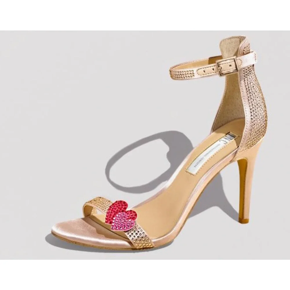 Macy's 7 Rayelle y2k Rhinestone HEARTS Strappy Sandals CRYSTAL Champagne Heels - Picture 2 of 10